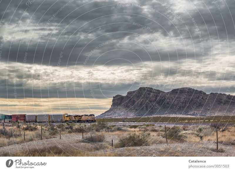 train Landscape Earth Sand Sky Storm clouds Winter Bushes Rock Mountain Desert Logistics Rail transport Engines Freight train Railroad tracks Driving Long