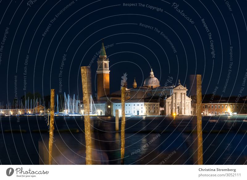 San Giorgio Maggiore by night Venice Campanile Italy Town Port City Church Maritime Culture Moody Water Night shot Gondola (Boat) Nocturnal color Lagoon