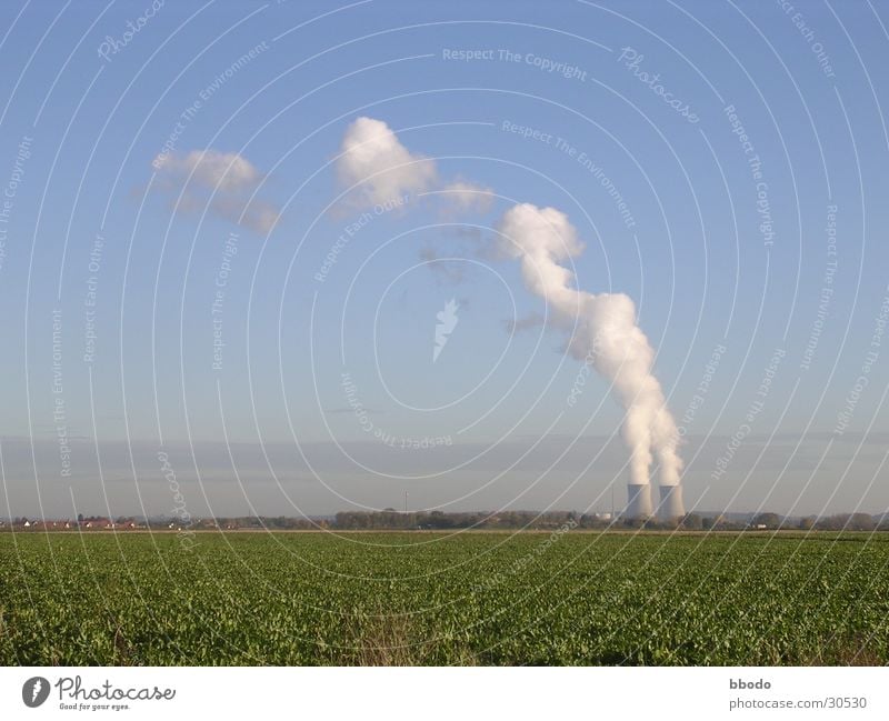 blue work Electricity Blue sky Clouds Nuclear Power Plant Bavaria Field Industry atomic energy high-voltage high-power high-energy nuclear plant power station