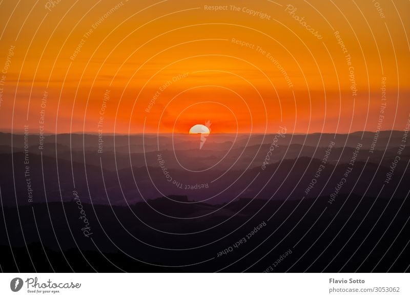 A very colorful sunset Sun Environment Nature Landscape Elements Sky Cloudless sky Horizon Sunrise Sunset Sunlight Tree Forest Hill Multicoloured Yellow Red