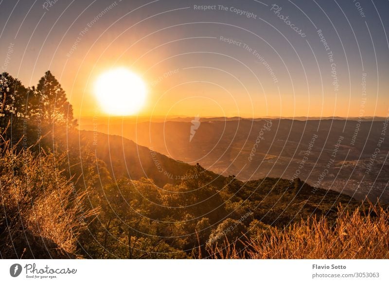 Sunset on the mountains Environment Nature Landscape Plant Sky Cloudless sky Sunrise Sunlight Forest Mountain Yellow Red Colour moutains orange background