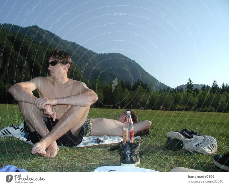 chill in the mountains Lake Upper body Man Meadow Sunglasses Mountain Nature