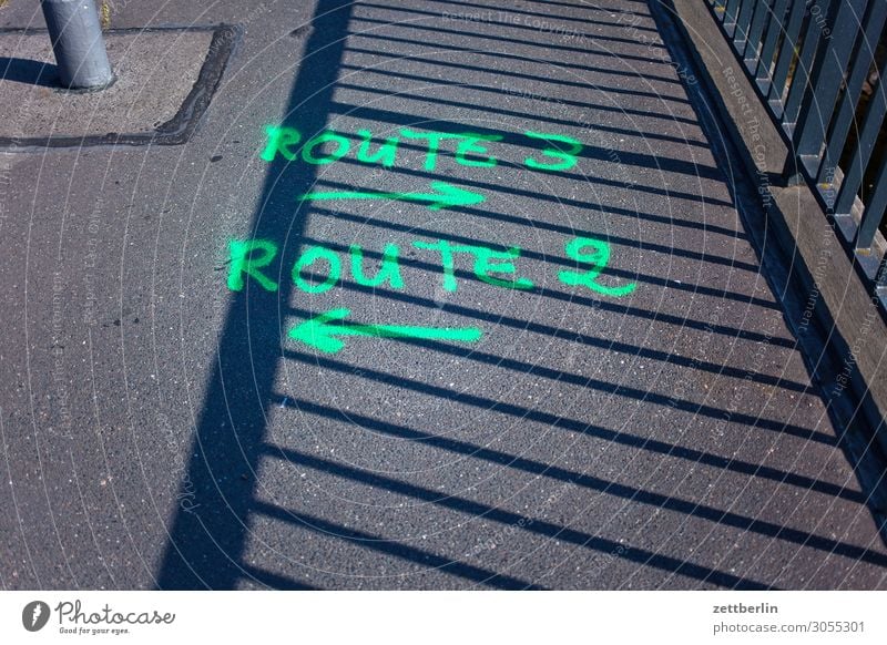 Route 3 -> and Route 2 <- Turn off Asphalt Lane markings Clue Left Signs and labeling Navigation Orientation Arrow Right Direction Street Recommendation