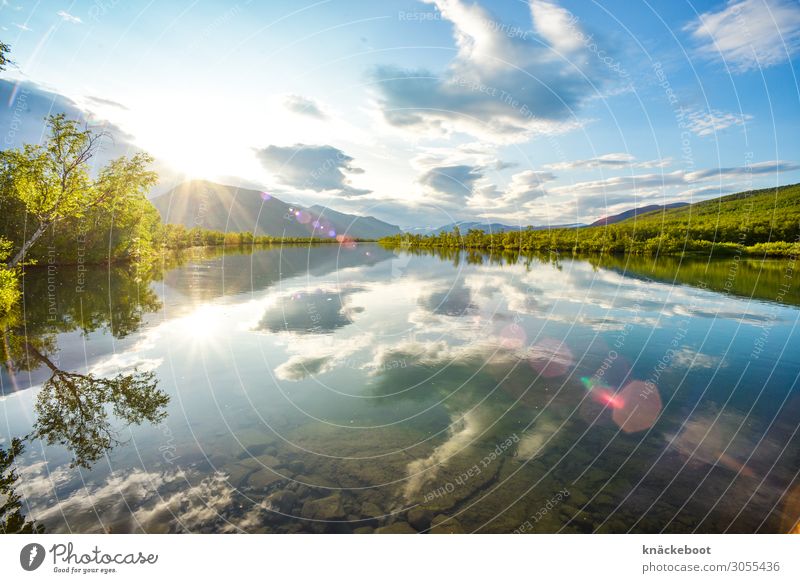 Lapland Tourism Far-off places Freedom Summer Sun Mountain Landscape Plant Water Clouds Sunrise Sunset Sunlight Beautiful weather Lakeside Deserted Calm