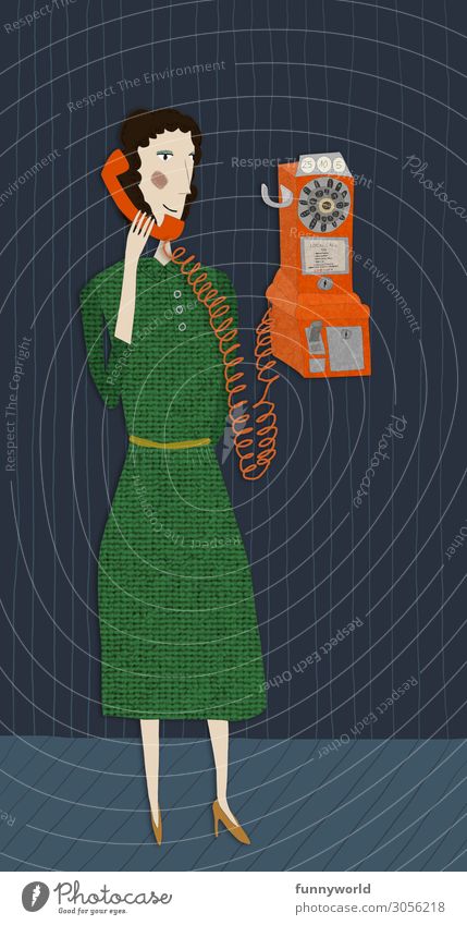 Illustration of a woman with a green dress in retro style, talking on an orange analog phone Woman Adults 1 Human being Skirt Dress High heels Black-haired