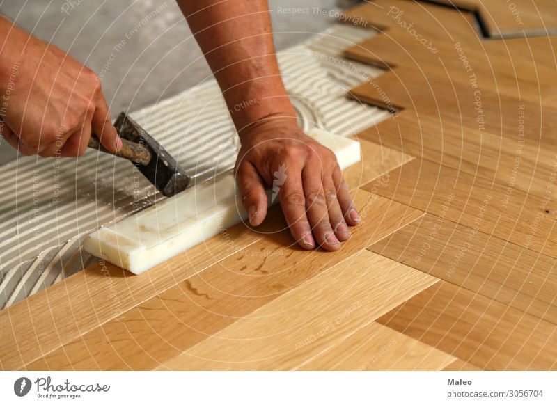 Worker lays parquet floor Parquet floor Ground Floor covering Sheepish Installations Construction site Working man Joiner Craftsperson Laminate Panels Expert