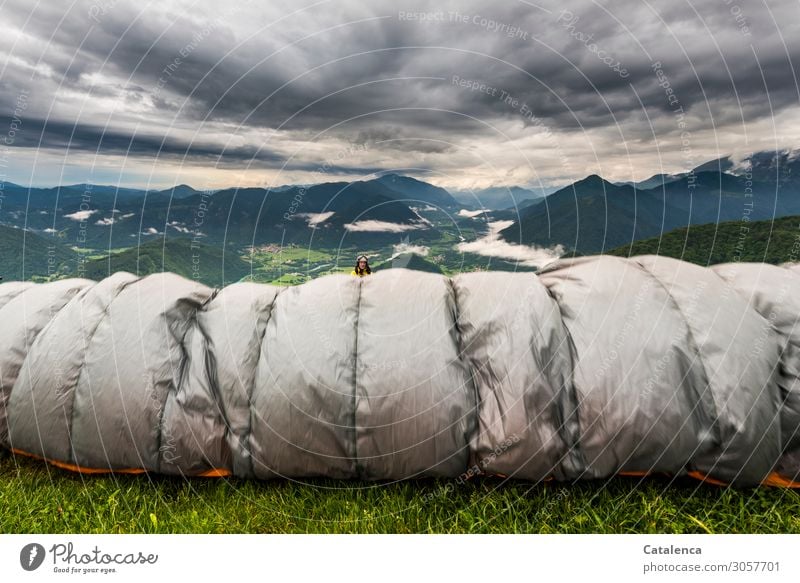 Start of a new week; just before takeoff the glider inflates. Paraglider Paragliding Flying sports launch site Masculine 1 Human being Landscape Sky