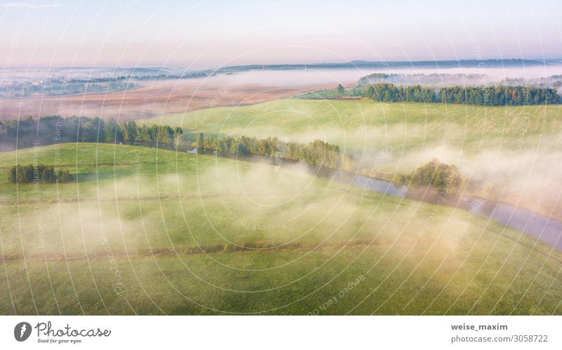 Morning fog over river, meadow and forest. Nature sunlight scene Calm Vacation & Travel Tourism Far-off places Freedom Summer Environment Landscape Air Water