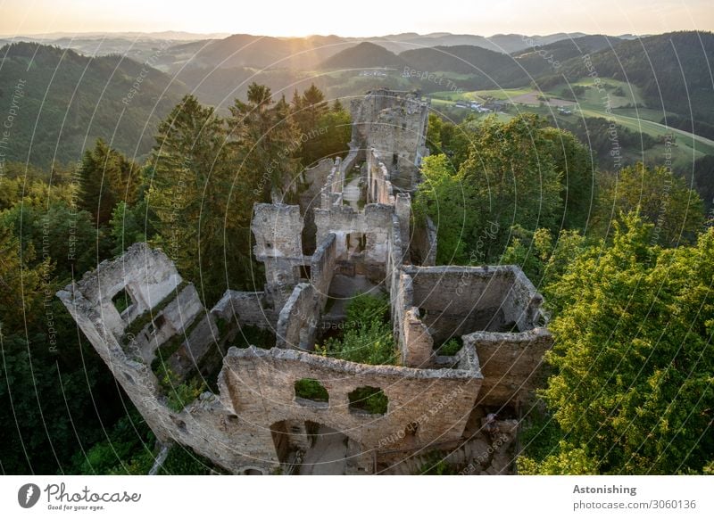 castle ruin Environment Nature Landscape Plant Air Sky Sun Sunrise Sunset Sunlight Summer Weather Beautiful weather Tree Hill Mountain Peak Overpopulated