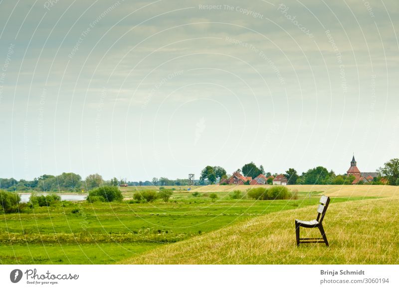 Life is a quiet, long river Harmonious Contentment Environment Nature Landscape Summer Climate Weather River bank National Park Small Town Church spire Bench