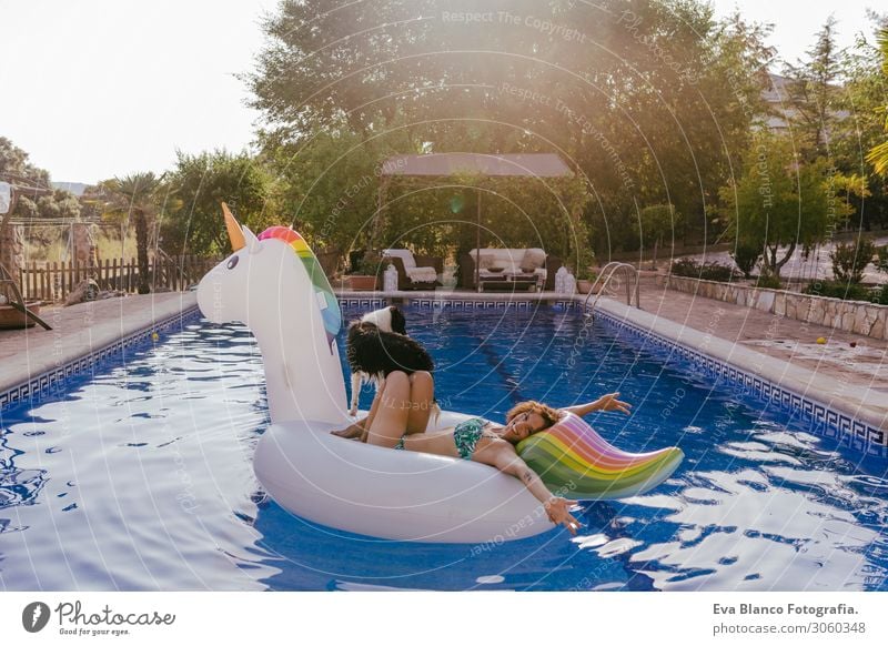 young woman and her border collie dog standing on an inflatable toy unicorn at the swimming pool. Summertime, fun and lifestyle outdoors Breed Black