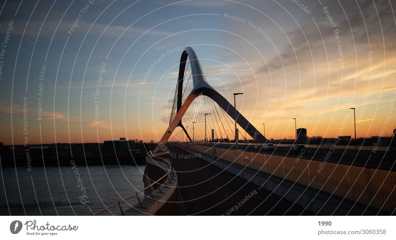 Dutch bridge at sunset Landscape Air Water Sky Sun Beautiful weather River bank Nijmegen Netherlands Town Bridge To enjoy Looking Happy Modern Positive Blue