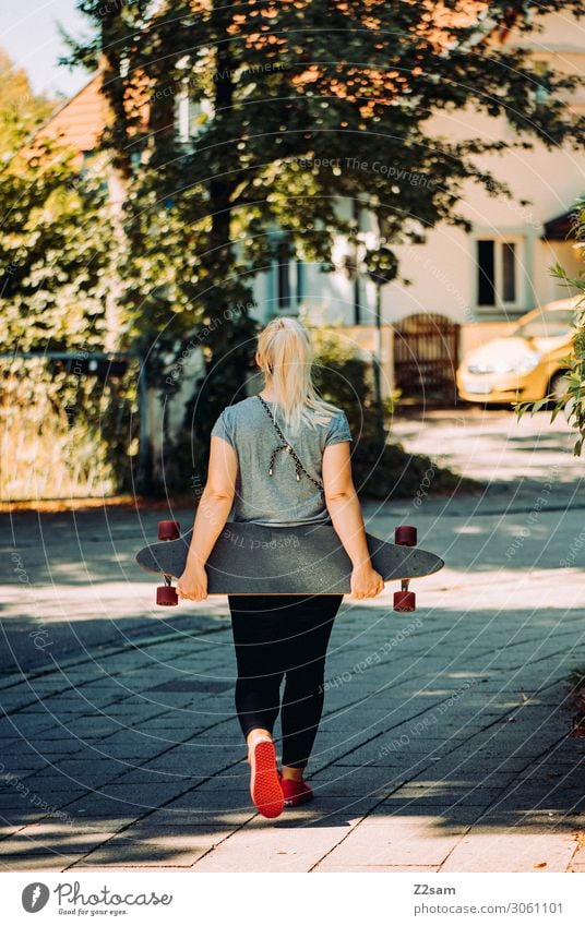 Skater in the City Lifestyle Style Leisure and hobbies Summer Skateboard Longboard Young woman Youth (Young adults) 18 - 30 years Adults Beautiful weather Tree