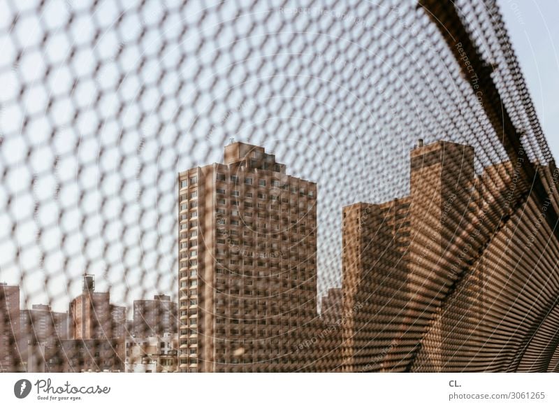 behind the fence Sky New York City Deserted High-rise Architecture Fence Gloomy Town Fear Dangerous Threat Protection Safety Bans Captured Barrier Border