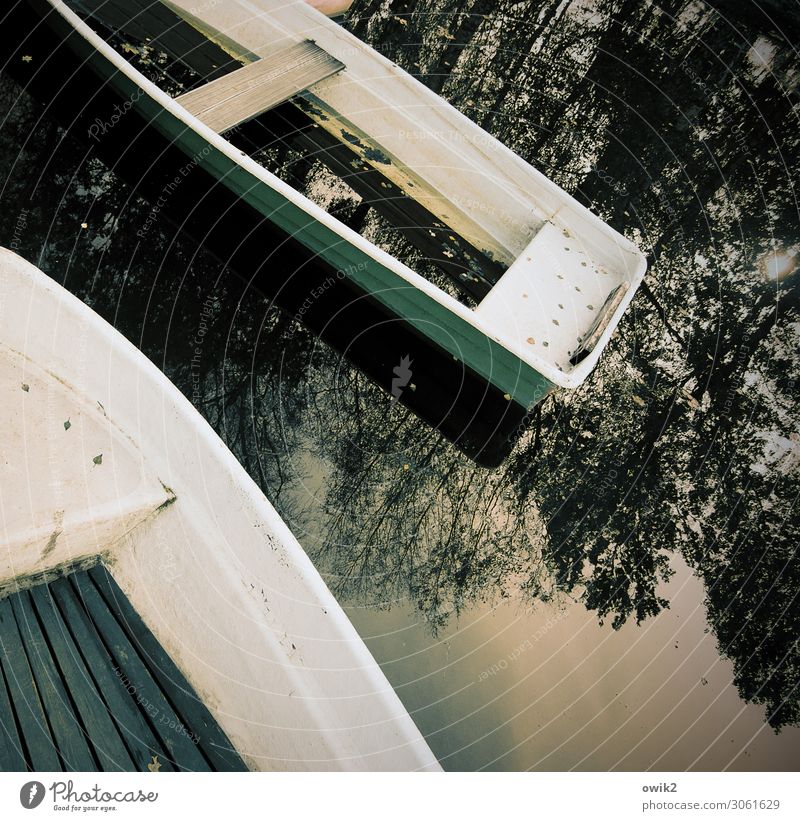 booting Sky Beautiful weather Tree Lakeside Rowboat Old Serene Calm Tilt Broken clogged Damage Colour photo Subdued colour Exterior shot Detail Deserted