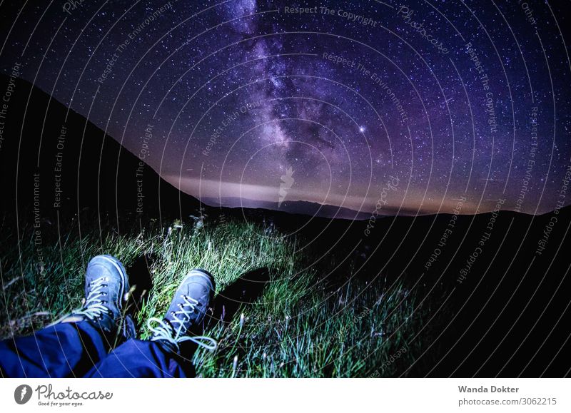 Milky Way hiking in the Alps Feet Nature Landscape Night sky Stars Summer Mountain Footwear Hiking boots Observe Discover Relaxation Glittering Illuminate