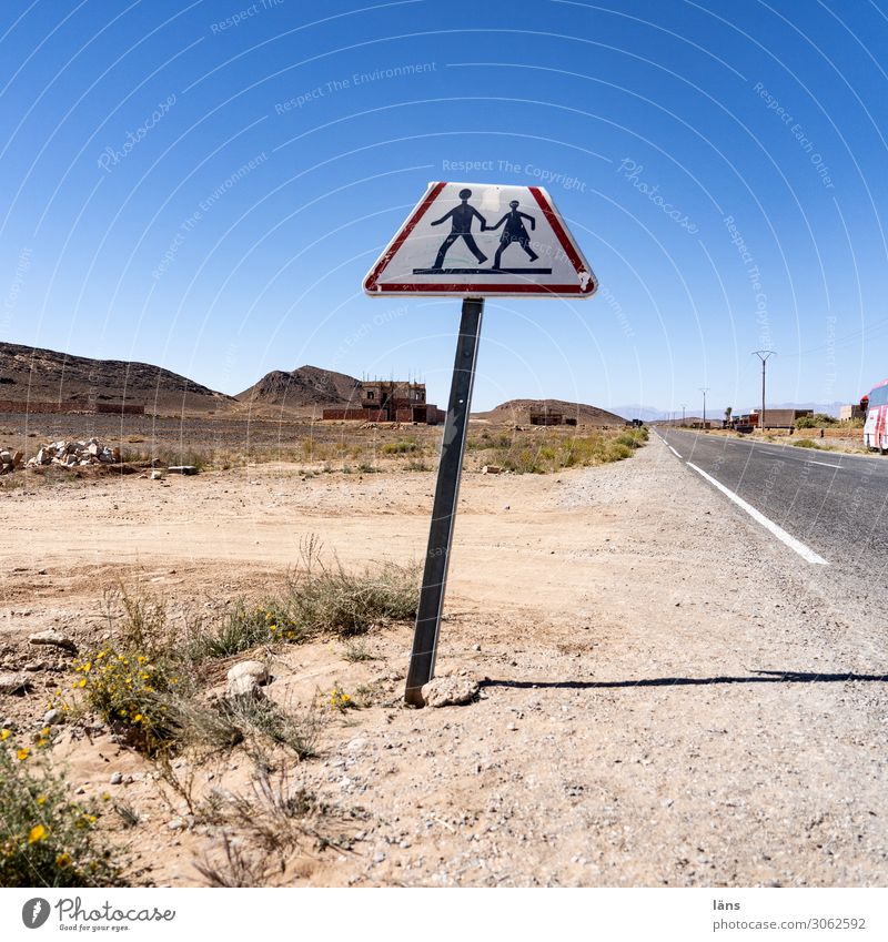 Attention pedestrians Human being Nature Landscape Sky Cloudless sky Beautiful weather Transport Lanes & trails Freeway Signs and labeling Signage Warning sign