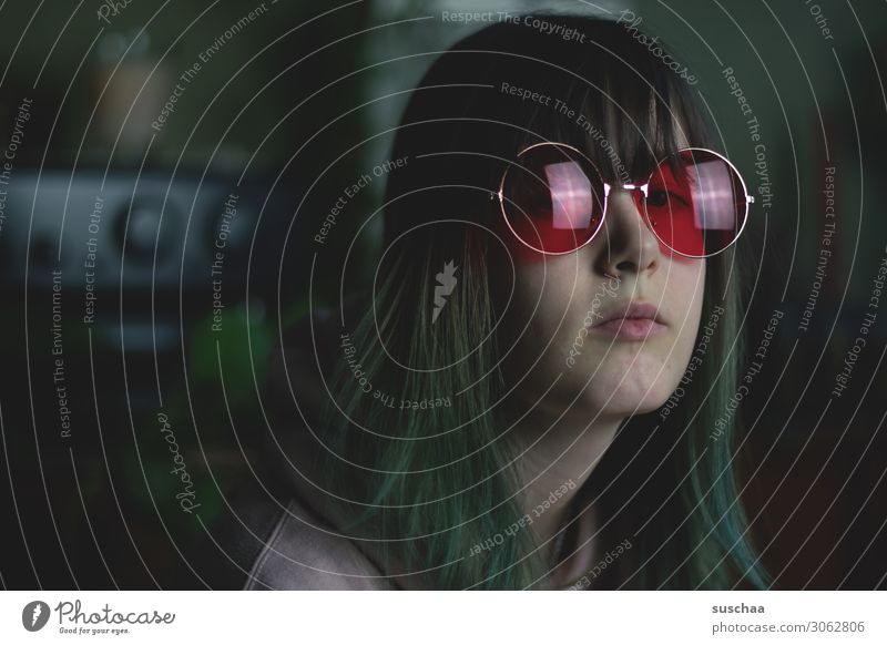 teenager with green hair (2) Child Girl Young woman Youth (Young adults) Hair and hairstyles Green Sunglasses Inattentive Sombre mood Bad mood Sadness Boredom