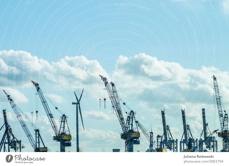 Cranes at Hamburg harbour with windmill Port of Hamburg Germany Europe Port City Deserted Industrial plant Harbour Pinwheel Tourist Attraction Landmark Channel