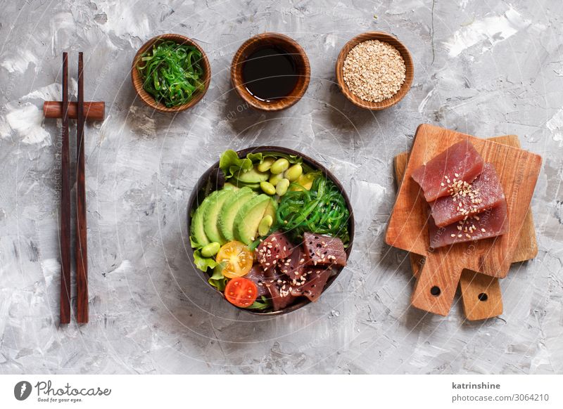 Hawaiian tuna poke bowl Vegetable Sushi Bowl Above Gray Green Salad hawaiian Tuna fish Raw Chopstick ahi avocado asian wakame edamame Trend food healthy