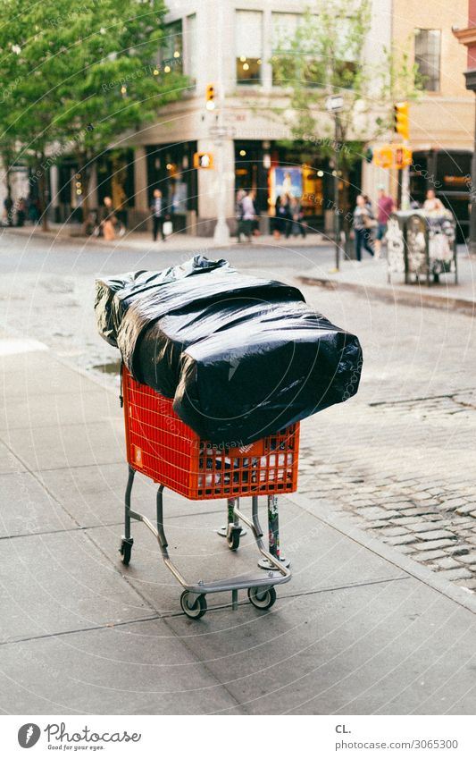 Homeless New York City Manhattan USA Town Downtown Pedestrian precinct Traffic infrastructure Street Lanes & trails Packaging Shopping Trolley Loneliness