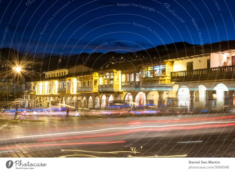 Night view from Plaza de Armas in Cuzco. Vacation & Travel Mountain Culture Clouds Hill Town Downtown Church Building Architecture Old Historic Blue