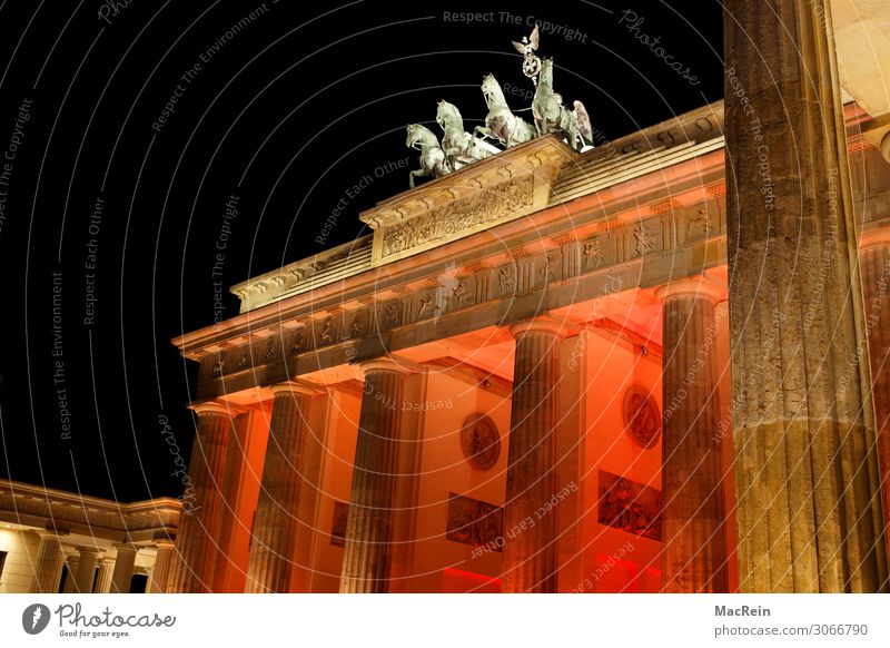 Illumination Brandenburg Gate Manmade structures Architecture Art Downtown Berlin Quadriga Lighting Twilight Red Colour photo Exterior shot Deserted Evening