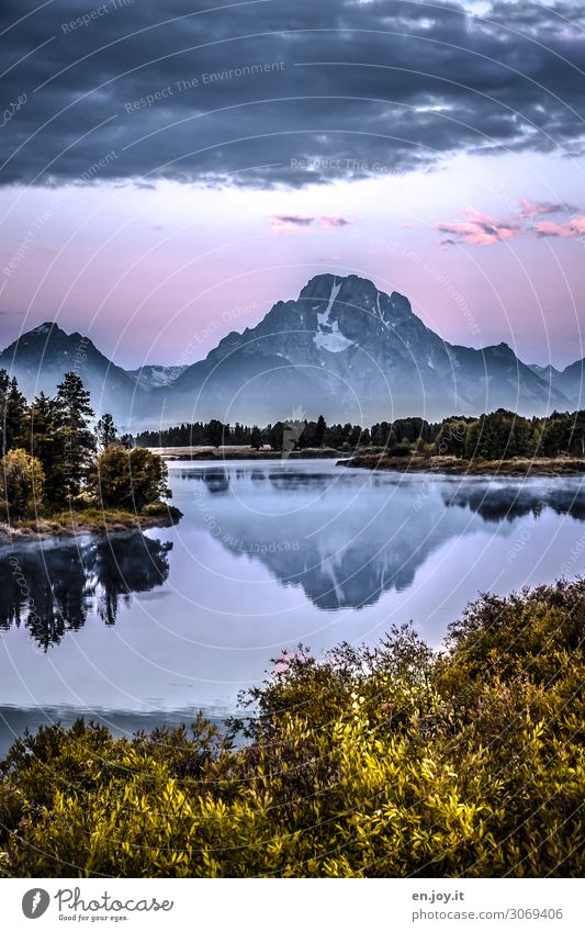 nebulous and cool. Vacation & Travel Trip Nature Landscape Sky Clouds Sunrise Sunset Autumn Fog Bushes Mountain Grand Teton NP Peak River bank Snake river