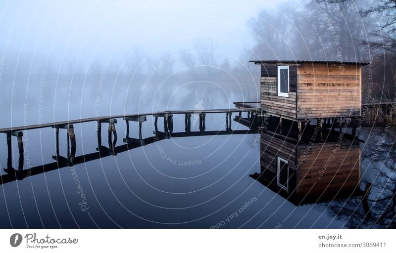 Nebulous house on the lake. Leisure and hobbies Fishing (Angle) Hunting Environment Nature Landscape Autumn Winter Bad weather Fog Lakeside Hut Fishermans hut