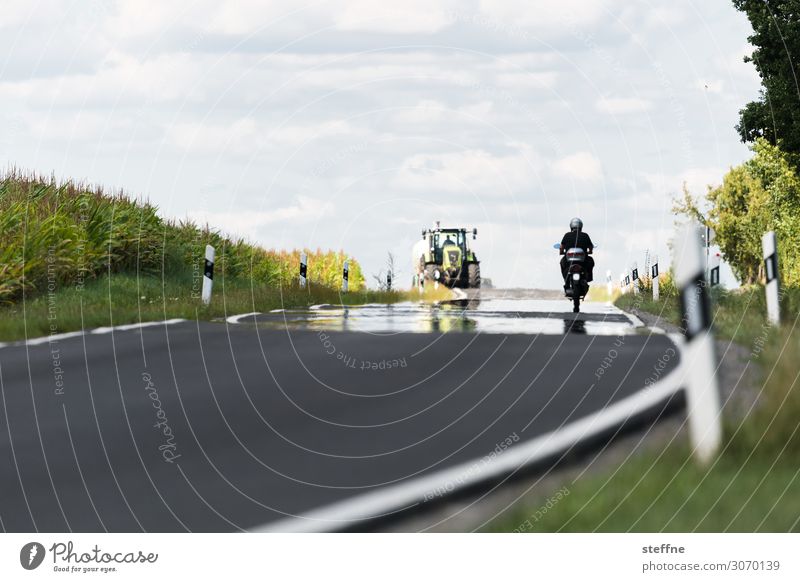 intercourse Transport Passenger traffic Logistics Street Scooter Tractor Harvest Agriculture Maize field Summer Country road Idyll Colour photo Exterior shot