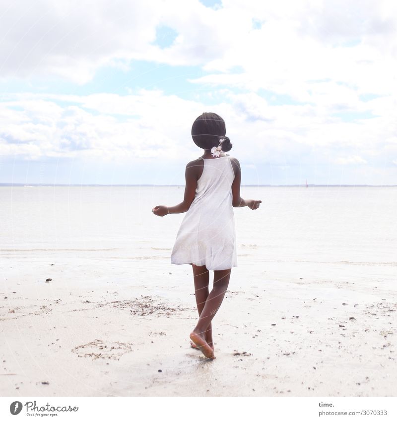 gloria Feminine Girl 1 Human being Sand Water Sky Clouds Horizon Summer Coast Beach Baltic Sea Dress Jewellery Barefoot Black-haired Long-haired Braids Movement