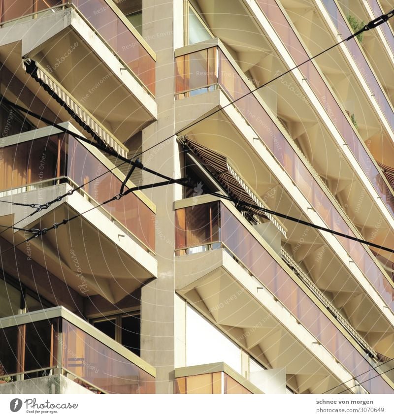 View outside Manmade structures Building Architecture Facade Balcony Glass Metal Esthetic Hip & trendy Style "Switzerland Stone Electricity," Colour photo