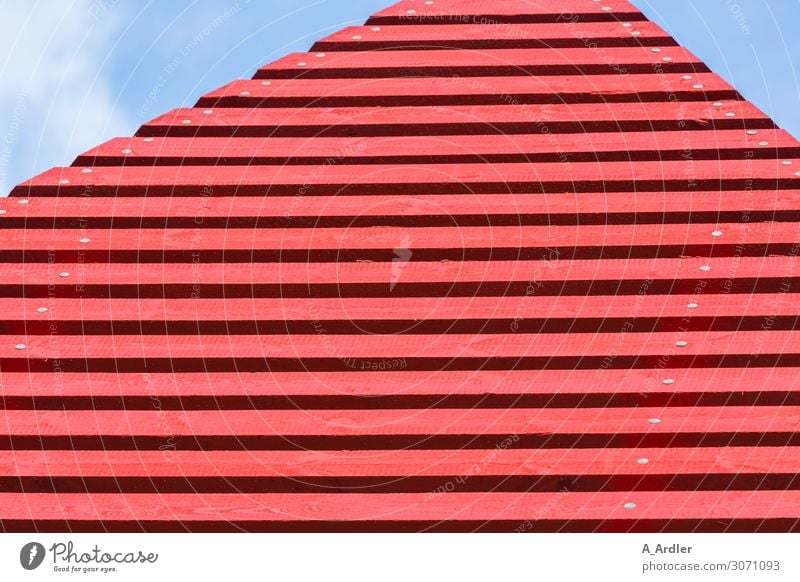 red wooden slats Art Work of art Sculpture Architecture Sky Hut Manmade structures Building Wall (barrier) Wall (building) Landmark Wood Blue Red Beginning