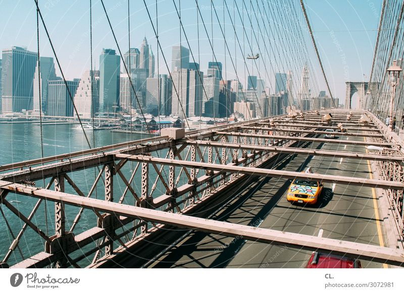 on the brooklyn bridge. Vacation & Travel City trip Cloudless sky Beautiful weather River New York City Manhattan Brooklyn Bridge USA Town Skyline High-rise