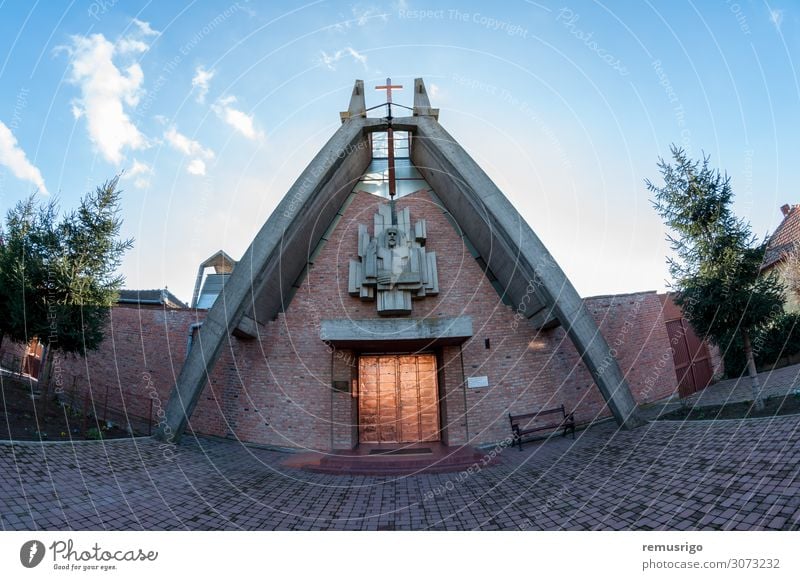 View of a catholic church Vacation & Travel Sky Town Church Building Architecture Historic Religion and faith 2014 Dumbravita Romania Christianity City cross