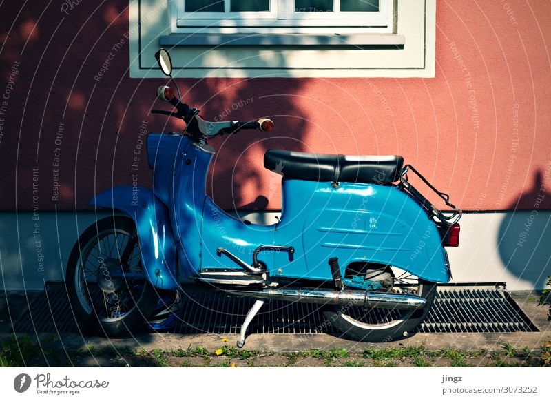 Simson Swallow Motorcycle Scooter Stand Blue Pink Red White Parking Nostalgia Colour photo Exterior shot Deserted Light Shadow Central perspective