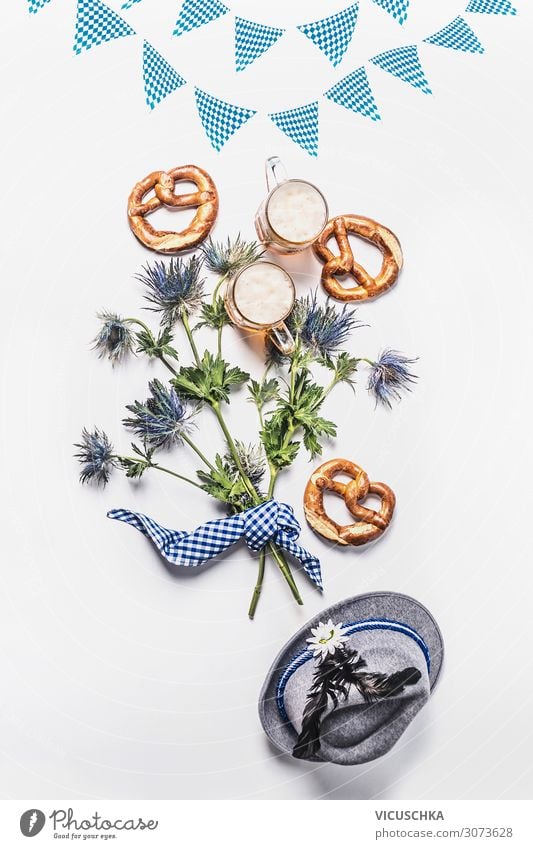 Oktoberfest Composing with beer and pretzels Food Nutrition Beverage Beer Style Design Joy Party Pretzel Blue Bright background Bavaria Beer garden Hat