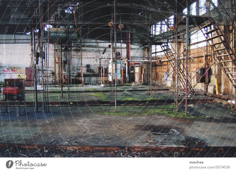 old locomotive shed, inside Storage shed Building Derelict Murder Deserted Empty Uninhabited Forget Vacancy Industrial plant Factory Factory hall Stairs Rod