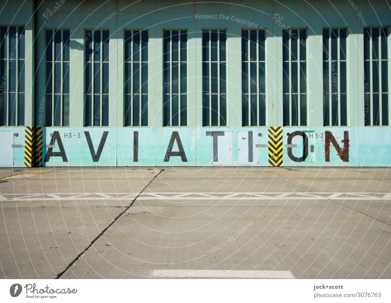 AVIATION Airport Berlin-Tempelhof Hangar Goal Tourist Attraction Airfield Concrete Metal Word English Large Historic Retro Turquoise Style Symmetry Past