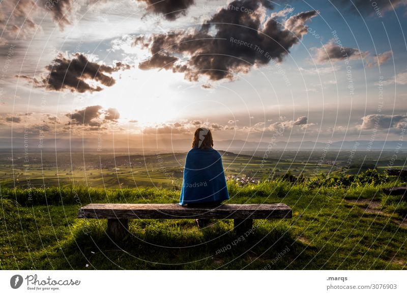 rest Bench Vantage point Sit Relaxation Beautiful weather Summer Landscape Young woman Human being Sunlight Emotions Clouds Sky Nature Blanket Memory Hope Calm