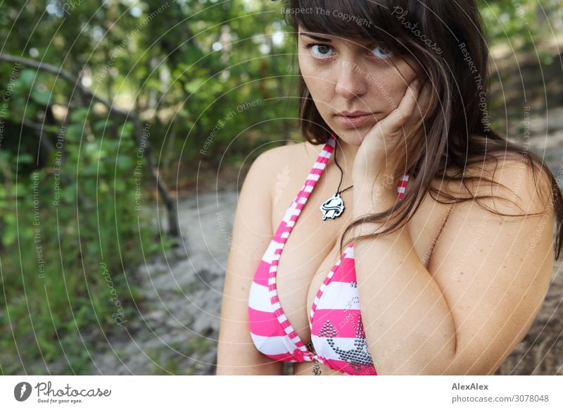 Portrait of a young woman at a forest lake Joy Beautiful Life Harmonious Trip Summer vacation Young woman Youth (Young adults) Face Low neckline 18 - 30 years