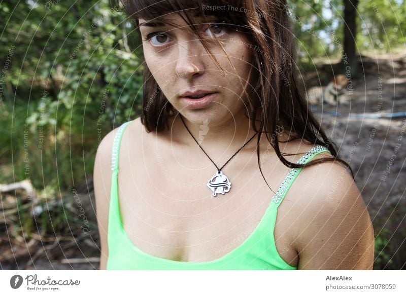 Portrait of a young woman at a forest lake Joy Beautiful Life Trip Summer vacation Forest lake Young woman Youth (Young adults) 18 - 30 years Adults Nature