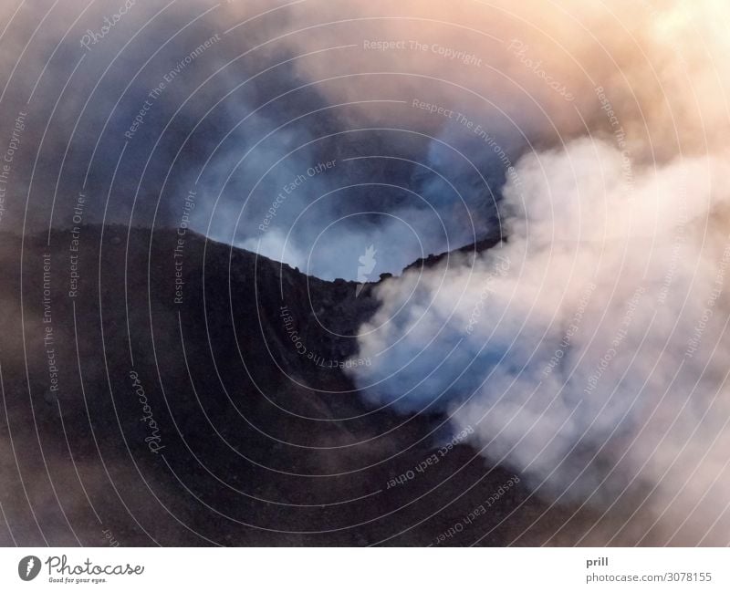 crater at Mount Stromboli Island Mountain Clouds Fog Warmth Rock Peak Volcano Stone Smoke Hot mountain stromboli Volcanic crater Dust Rock formation sunny