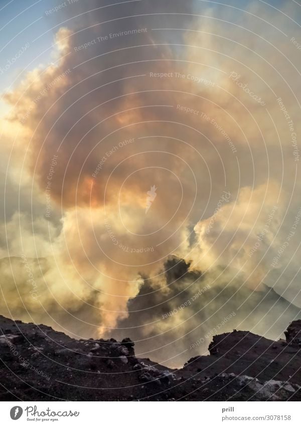 crater at Mount Stromboli Island Mountain Clouds Fog Warmth Rock Peak Volcano Stone Smoke Hot mountain stromboli Volcanic crater Dust Rock formation sunny