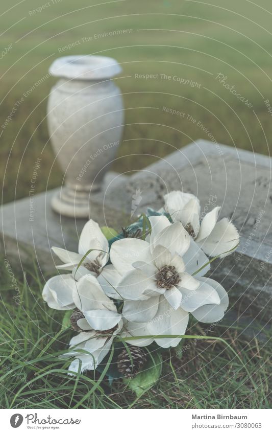 All Saints day - artificial flowers on an old grave Decoration Hallowe'en Autumn Flower Monument Stone Dark Green Grief Death Peace Religion and faith