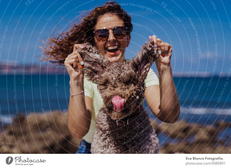 young woman and her cute spanish water dog outdoors enjoying together on a sunny and windy day. Summertime, love for animals and holidays concept Playing Dog