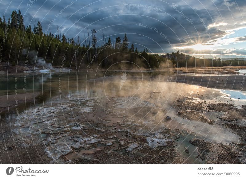 Sunset at an Acid Lake in the Yellowstone National Park Nature Landscape Animal Earth Sky Storm clouds Sunrise Weather Tree Forest Brook Infinity Wet Warmth