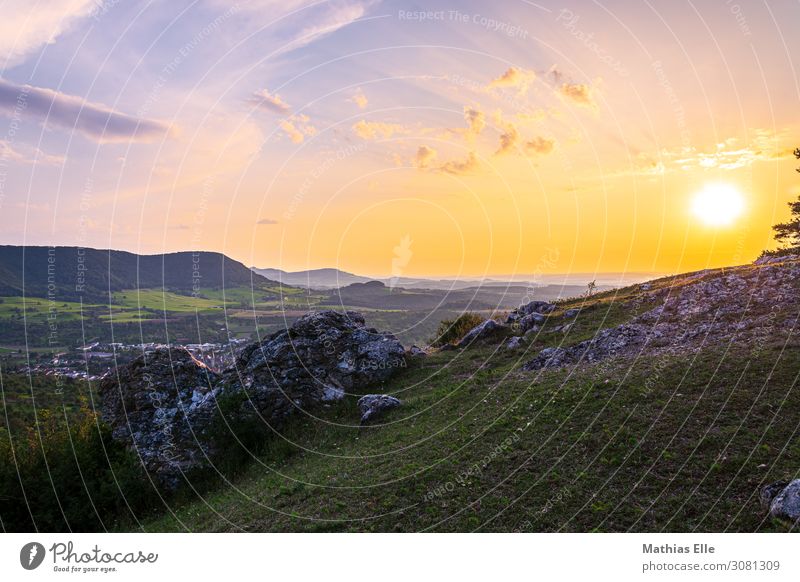 Sunset on the Alb Environment Nature Landscape Sky Clouds Horizon Sunrise Sunlight Summer Beautiful weather Grass Meadow Hill Mountain Village Stone Blue Yellow