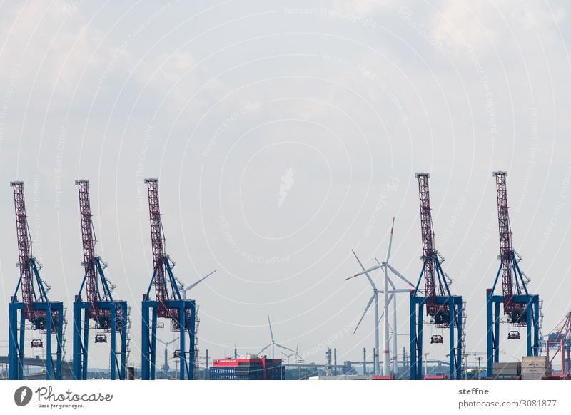 logistics Navigation Harbour Container Logistics Shipping Dockside crane Hamburg Port of Hamburg Wind energy plant Colour photo Exterior shot Copy Space top