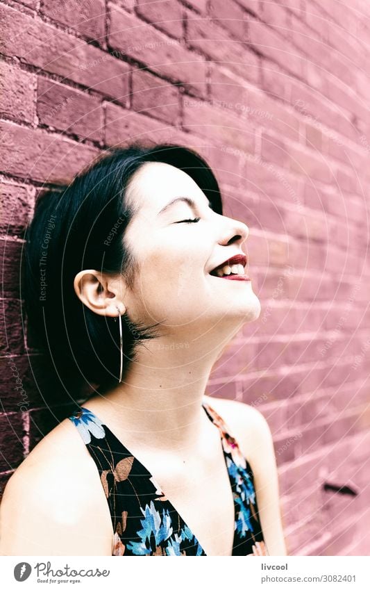 young happy woman leaning on a purple brick wall Lifestyle Style Beautiful Summer Garden Human being Feminine Homosexual Young woman Youth (Young adults) Woman